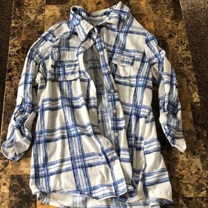 White Button Down With Blue and Black Striped Pattern